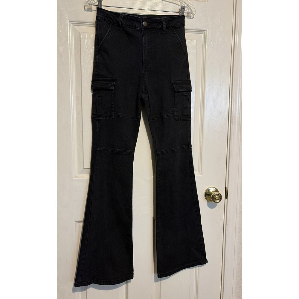SHEIN Teen Black Flare Leg Cargo Jeans Distressed Denim - Size S
